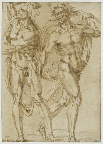 Deux hommes, nus, en mouvement, l'un retenant de ses mains une draperie, image 1/2