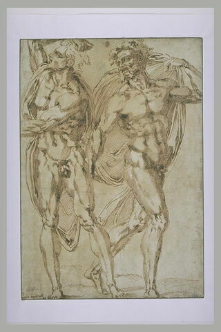 Deux hommes, nus, en mouvement, l'un retenant de ses mains une draperie, image 2/2