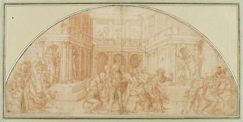 Scène avec plusieurs soldats et femmes s'enfuyant, devant un palais, image 1/2