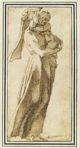 Femme en robe longue, coiffée, debout, avec un enfant dans le bras