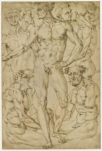 Groupe de huit figures d'hommes nus : six debout et deux assis, image 1/2