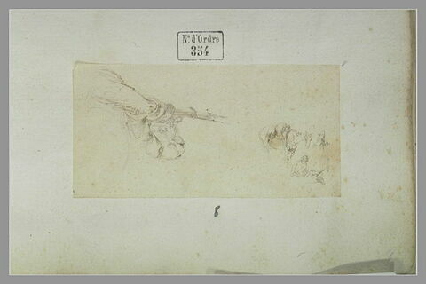 Bras tenant un fusil et un sac ; cheval, homme debout et un autre assis, image 1/1