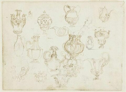 Etude de vases et d'aiguières ; coupe en forme d'escargot ; tête de satyre, image 1/2