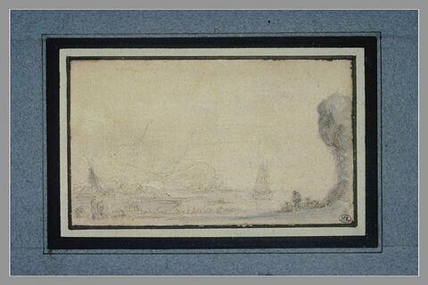 Vue d'un port avec barques, rochers et personnages, image 1/1