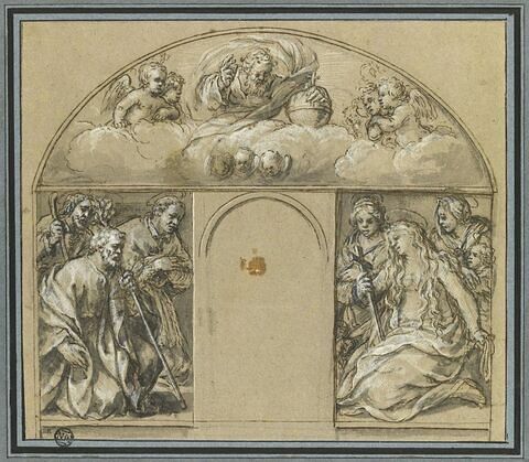 Projet de tabernacle : Dieu le Père et sept saints entourant une niche vide, image 1/2