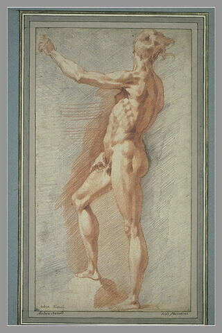 Homme nu, debout, de profil, se détournant vers l'arrière, bras gauche levé, image 1/1