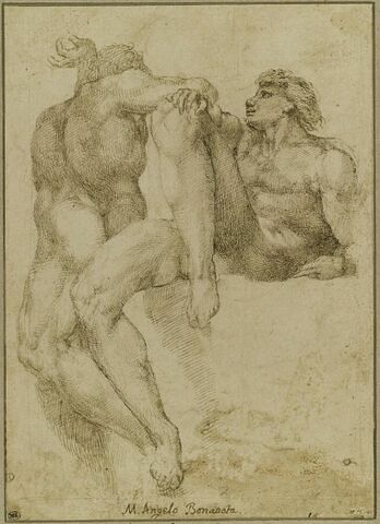 Deux hommes nus assis, l'un vu de dos, l'autre de profil vers la gauche, image 1/2