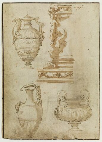 Trois vases, et étude de la partie gauche de la base d'un candélabre, image 1/2