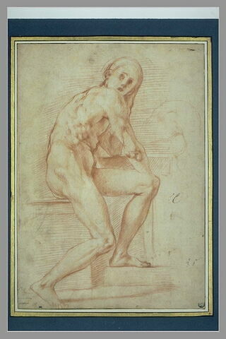 Jeune homme nu, assis de profil, accoudé, la tête de face, image 1/1