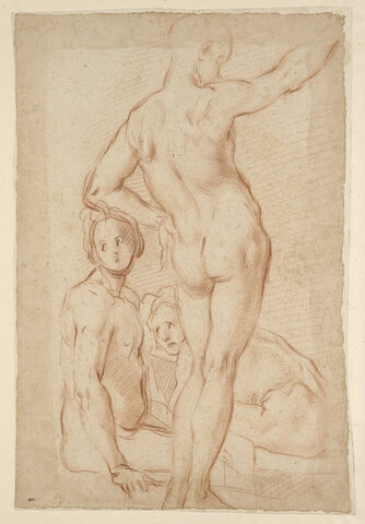 Homme nu, debout, vu de dos et deux figures assises à ses pieds