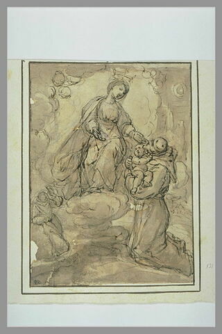 La Vierge remettant l'Enfant à saint François ; à gauche, saint Antoine