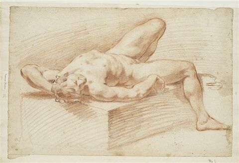Etude d'homme nu, étendu sur le dos, jambe et bras gauche repliés, image 1/2