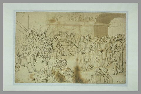 Personnages en costume de la fin du XVIè s. entrant dans une salle de bal, image 1/1
