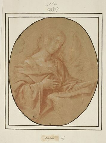Demi-figure de femme assise, retenant une draperie, lisant ; détail de la manche gauche, en haut à droite, image 1/2