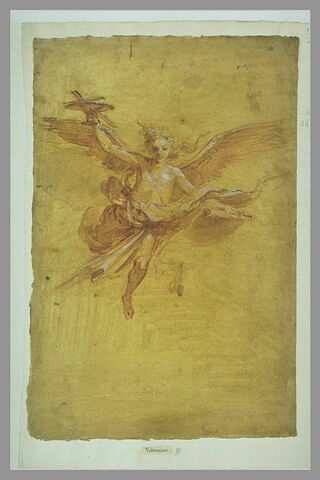 Un ange dans les airs, portant un calice avec une croix et une bannière