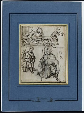 Deux hommes près d'un malade; deux études pour un St Roch ; croquis de jambe, image 2/3