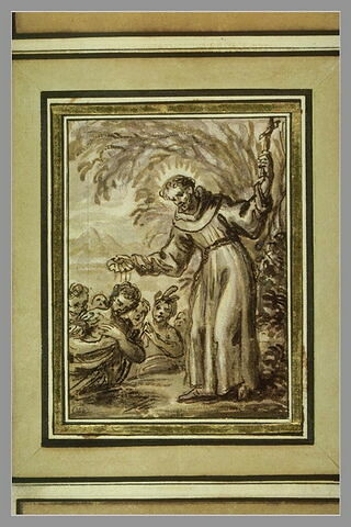Saint François Xavier, la croix à la main, baptise les indiens agenouillés