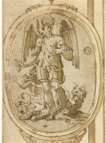 Saint Michel tenant l'épée et la balance et posant le pied sur le dragon, image 1/3