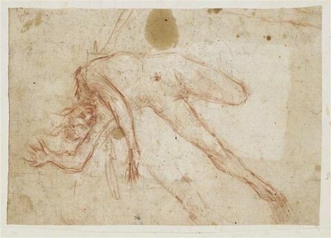 Figure nue, penchée sur son côté droit, jambe gauche repliée, chutant, image 1/2