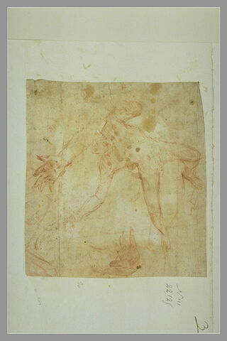 Figure nue, tête en bas, bras et jambes écartées, chutant ; détails de deux mains, image 2/2