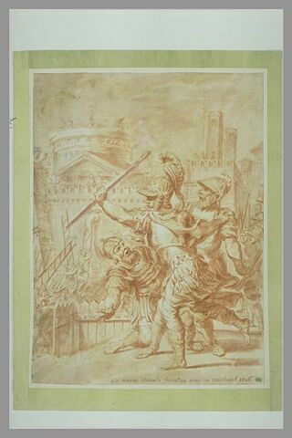 Assaut d'une ville avec trois guerriers romains au premier plan, image 1/1