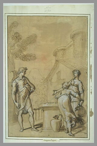 Un homme, portant un livre, s'entretenant avec deux femmes puisant de l'eau