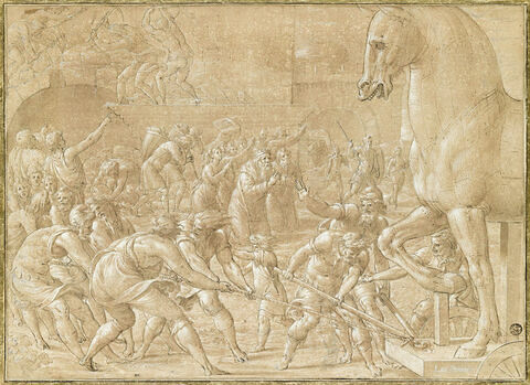 Les Troyens faisant entrer dans leurs murs le cheval de bois, image 1/2