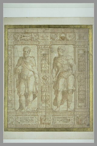 Partie de frise avec deux statues de Charondas et Antiochus
