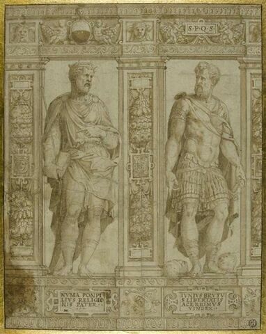 Partie de frise avec deux statues de Numa Pompilius et Junius Brutus