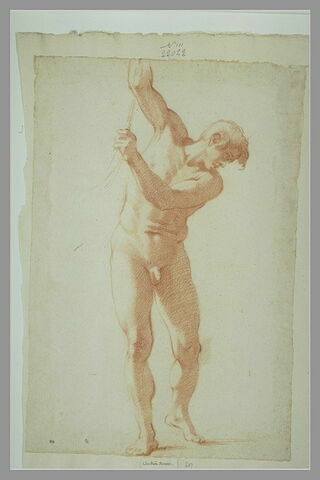 Homme nu, debout, les bras levés, regardant en bas, vers la droite, image 1/1