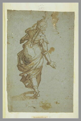 Femme debout, de dos, marchant, levant le bras gauche, image 1/1