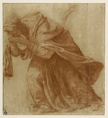 Femme drapée, penchée en avant, les mains devant ses yeux