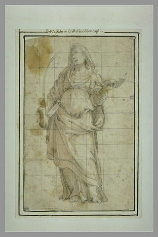 Femme drapée, tenant la palme, un livre et la couronne du martyre