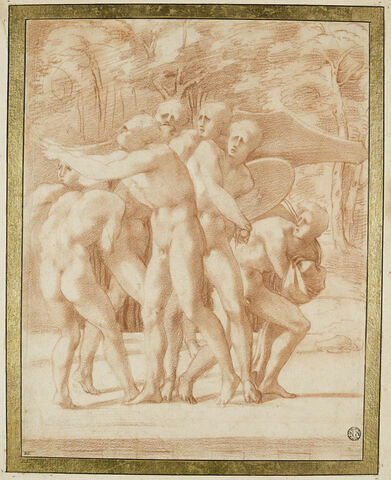 Groupe d'hommes nus debout, regardant vers la gauche avec frayeur