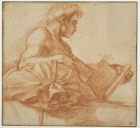 Jeune homme appuyé sur un coussin, de profil, lisant