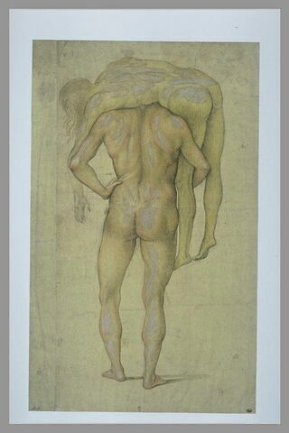 Homme nu, debout, de dos, portant sur ses épaules un corps inerte, image 2/3