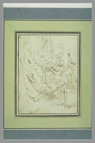 Sainte femme (la Vierge Marie ?) assise au pied d'un monument et des anges