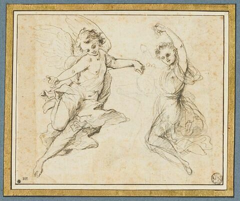 Deux anges volant répandant des fleurs ; croquis d'un angelot, image 5/5