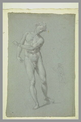 Homme nu, debout, de face, et deux croquis pour la même figure