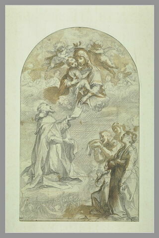 Vierge à l'Enfant couronnée par des anges donnant la Règle à saint François, image 1/1