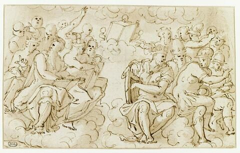 Deux groupes de figures assises, sur des nuages : princes séculiers