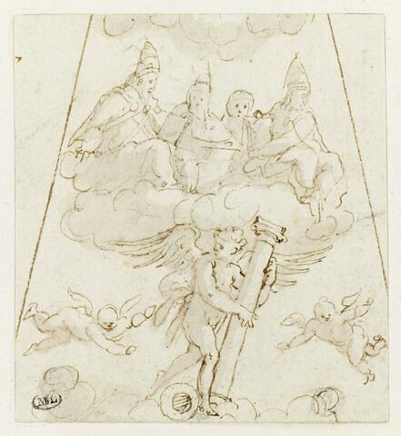 Quatre figures d'évêques ou de pontifes, au dessus d'un ange tenant la colonne de la Flagellation, image 1/2