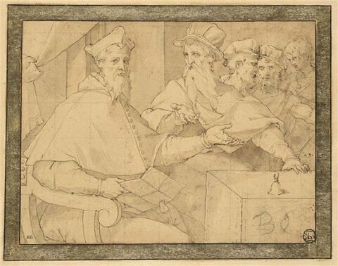 Un cardinal assis, tenant une lettre, et quatre personnages près de lui, image 1/2