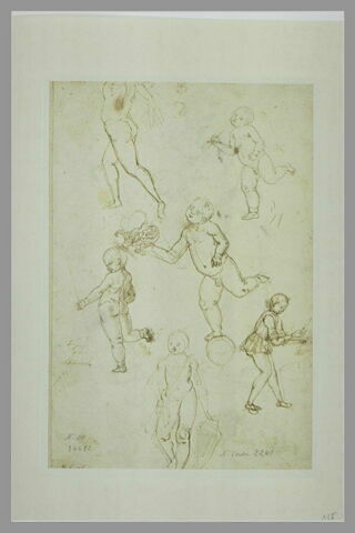 Un homme nu courant ; trois enfants de putto en équilibre sur une jambe ; enfant travaillant sur une enclume ; enfant debout tenant un écu, image 2/2