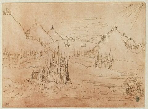 Eglises gothiques, villes et citadelles dans un paysage montagneux avec un lac, image 1/2