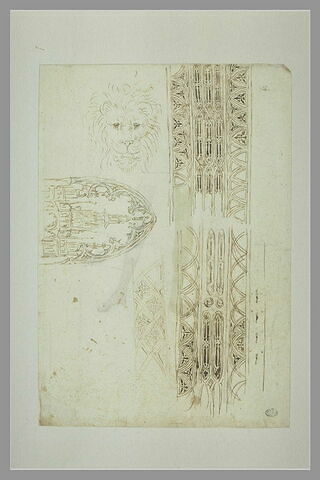 Esquisses d'architecture ; tête de lion ; motifs ornementaux gothique, image 1/1