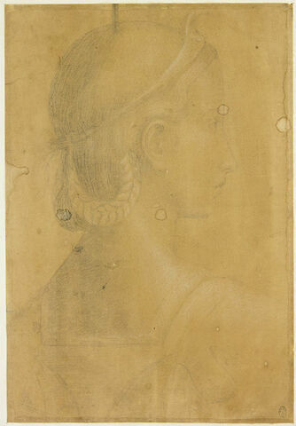 Jeune fille, vue en buste, de trois quarts, de dos, la tête de profil, vers la droite, les cheveux retenus par un bandeau