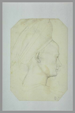 Tête de jeune femme coiffée d'un turban, de profil, vers la droite, image 1/1