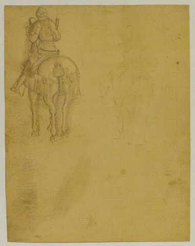 Condottiere en armure, sur un cheval, vu de dos ; esquisses du même motif