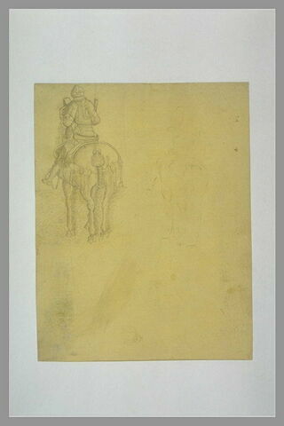 Condottiere en armure, sur un cheval, vu de dos ; esquisses du même motif, image 2/2